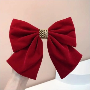 Clama de par, model royal touch de catifea, accesorizat cu funda supradimensionata si accesoriu elegant, rosie - Img 3