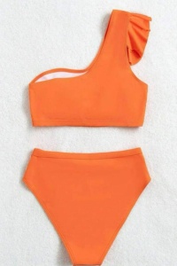 Costum de baie dama, 2 piese, model cool seducator, top tip bustiera cu prindere pe un umar si chilot talie inalta, tematica sexy elegant summer portocaliu - Img 2