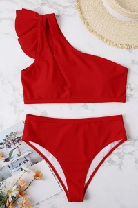 Costum de baie dama, 2 piese, model cool seducator, top tip bustiera cu prindere pe un umar si chilot talie inalta, tematica sexy elegant summer rosu - Img 3