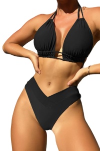 Costum de baie dama, 2 piese, model de vara clasic elegant, sutien cu bretele reglabile, chilot cu talie inalta si coapsa dezgolita, tematica classy and hot bikini negru