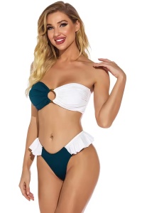Costum de baie dama, 2 piese, model duo cu accesoriu, sutien prindere la spate tip corset si chilot decupaj clasic croi ingust, tematica beach party alb cu verde - Img 3