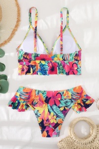 Costum de baie dama, 2 piese, model fashion summer vibe cu flori multicolor - Img 2