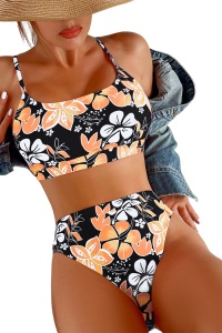 Costum de baie dama, 2 piese, model floral, sutien tip bustiera si chilot cu talie inalta negru