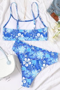 Costum de baie dama, 2 piese, model floral, sutien tip bustiera si chilot cu talie inalta albastru - Img 4