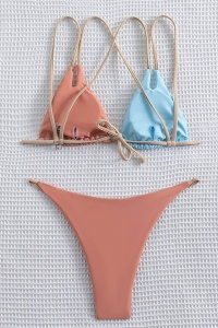 Costum de baie dama, 2 piese, model minimalist, sutien cupe triunghiulare si chilot decupaj clasic croi ingust, tematica cute and hot summer albastru cu portocaliu - Img 4