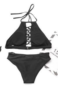 Costum de baie dama, 2 piese, model sexy black summer senzual, sutien cu decolteu inalt si detaliu tip impletitura negru - Img 2