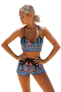 Costum de baie dama, 2 piese, model sexy sport beach, tematica etnic delight, sutien tip bustiera si chilot tip pantalon scurt albastru - Img 3