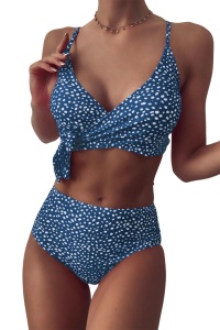 Costum de baie dama, 2 piese, model trendy sexy cu pete si buline, sutien tip bustiera eleganta si chilot cu talie inalta albastru