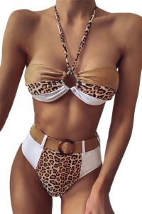 Costum de baie dama, 2 piese, slip brazilian talie inalta si sutien cu push-up, animal print, alb RO