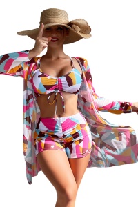 Costum de baie dama, 3 piese, model confortabil elegant pentru vara, sutien tip bustiera, chilot cu fronseu si cover up cu maneci lungi multicolor
