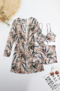 Costum de baie dama, 3 piese, model confortabil elegant pentru vara, sutien tip bustiera, chilot cu fronseu si cover up cu maneci lungi roz - Img 4