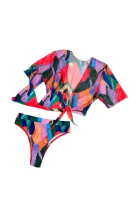 Costum de baie dama, multicolor, 3 piese, slip brazilian talie inalta, sutien cu push-up, bluza subtire cu maneci scurte - Img 3