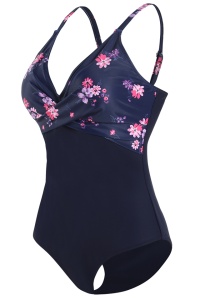 Costum de baie dama, o piesa, clasic cu croi chic, model floral albastru - Img 4
