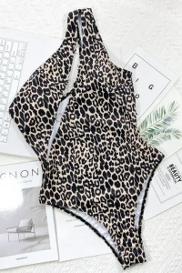 Costum de baie dama, o piesa, model animal print, prindere pe un umar si accesorii la decolteu maro - Img 4