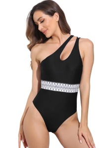 Costum de baie dama, o piesa, model clasic elegant, detaliu care accentueaza talia, tematica traditional summer negru