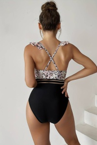 Costum de baie dama, o piesa, model cozy cu volanas la decolteu, imprimeu animal print, tematica wild summer roz - Img 2