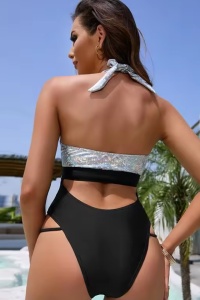 Costum de baie dama, o piesa, model cu decolteu indraznet, abdomen dezgolit si accesorii incitante pe coapse, tematica hot summer negru cu argintiu - Img 2