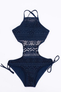 Costum de baie dama, o piesa, model de vara cu tesatura semitransparenta si taieturi provocatoare, prindere reglabila, chilot decupaj clasic croi ingust, tematica sexy and hot albastru - Img 4