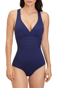 Costum de baie dama, o piesa, model elegant royal, decolteu in V albastru