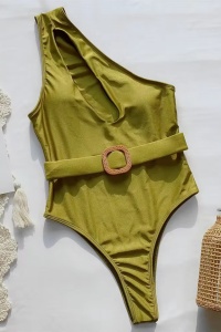 Costum de baie dama, o piesa, model elegant special, taietura la decolteu, prindere pe un umar, curea cu accesoriu chic care subliniaza talia, tematica royal summer verde - Img 3