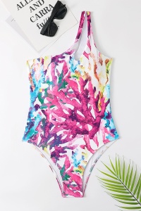 Costum de baie dama, o piesa, model happy summer wild splash, prindere fixa pe un umar roz - Img 3