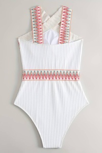 Costum de baie dama, o piesa, model royal, bretele in X la decolteu, detalii rustice, tematica I love summer alb - Img 4