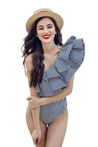 Costum de baie dama, o piesa, model summer waves, volanase pe un umar si decupaj la spate albastru cu alb