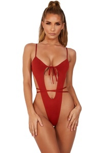 Costum de baie dama, o piesa, rosu, slip tanga RO