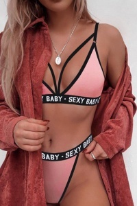 Costum de baie dama, roz, 2 piese, imprimeu sexy baby, slip tanga si sutien reglabil RO