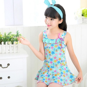 Costum de baie intreg pentru fetite, body cu fustita, model chic elegant, tematica stelute jucause, albastru - Img 3