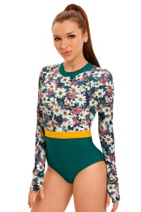 Costum de baie, o piesa, model confortabil, maneca lunga cu sustinere pe deget, ideal pentru sporturi de apa, tematica active summer verde