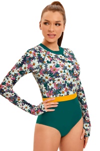 Costum de baie, o piesa, model confortabil, maneca lunga cu sustinere pe deget, ideal pentru sporturi de apa, tematica active summer verde - Img 2