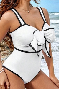 Costum de baie, o piesa, model delicat cu funda volumetrica la decolteu, chilot decupaj clasic, tematica fancy lady alb - Img 3