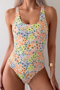 Costum de baie, o piesa, model delicat, prindere la spate metalica si chilot decupaj clasic, imprimeu floral, tematica romatic summer galben multicolor - Img 4