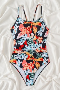 Costum de baie, o piesa, model vesel, bretele subtiri si chilot decupaj clasic, tematica poveste de vara negru cu multicolor - Img 4