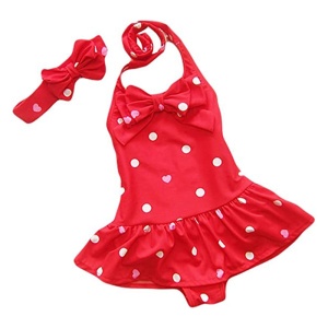 Costum de baie pentru fetite, accesorizat cu bentita elastica, prindere reglabila dupa gat, model body tip fustita, tematica buline vesele, rosu