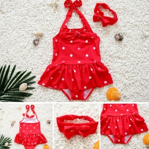 Costum de baie pentru fetite, accesorizat cu bentita elastica, prindere reglabila dupa gat, model body tip fustita, tematica buline vesele, rosu - Img 3