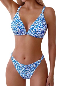 Costum de baie, set 2 piese, model cute and sexy, sutien cupe triunghiulare si chilot reglabil decupaj clasic croi ingust, tematica happy summer albastru