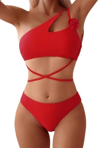 Costum de baie, set 2 piese, model incitant, sutien tip bustiera prindere crossbody si chilot decupaj clasic, tematica feeling hot rosu
