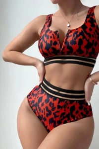 Costum de baie, set 2 piese, model incitant, sutien tip bustiera si chilot talie inalta, detalii semitransparente, tematica sexy summer negru cu rosu, EFYAN - Img 4
