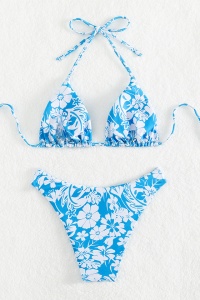 Costum de baie, set 2 piese, model minimalist cu imprimeu floral, sutien cupe triunghiulare reglabil si chilot decupaj clasic croi ingust, tematica fantezie de vara albastru cu alb - Img 4
