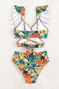 Costum de baie, set 2 piese, model vesel, imprimeu floral, sutien tip bustiera prindere crossbody si chilot talie inalta, tematica summer energy multicolor - Img 4