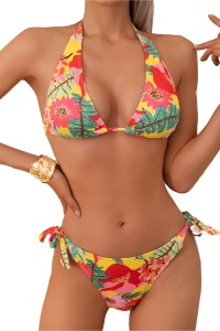Costum de baie, set 2 piese, model vesel senzual, sutien cu decolteu generos si prindere dupa gat, chilot decupaj clasic croi ingust, tematica exotic summer multicolor