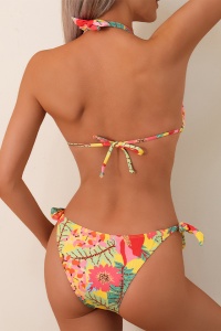 Costum de baie, set 2 piese, model vesel senzual, sutien cu decolteu generos si prindere dupa gat, chilot decupaj clasic croi ingust, tematica exotic summer multicolor - Img 2