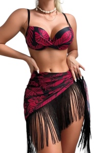 Costum de baie, set 3 piese, model provocator, sutien prindere reglabila, chilot decupaj clasic si cover tip fusta cu franjuri, tematica fantezie de vara negru cu rosu