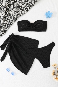 Costum de baie, set 3 piese, model senzual, sutien tip bustiera cu accesoriu la decolteu, chilot decupaj clasic si cover tip fusta asortata, tematica chill summer negru - Img 3