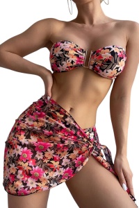 Costum de baie, set 3 piese, model vesel si versatil, sutien cu accesoriu, chilot decupaj clasic si cover tip fusta scurta, tematica summer vibe rosu