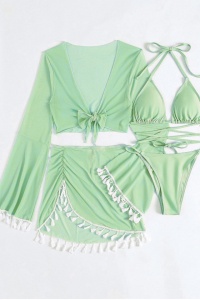 Costum de baie, set 4 piese, model vesel jucaus, accesorii ciucurei, sutien prindere crossbody, chilot decupaj clasic croi ingust, top scurt maneci lungi si fusta scurta semitransparenta, tematica beach party mood verde - Img 3