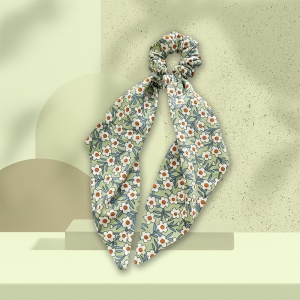 Elastic de par, accesorizat cu funda ponytail, model fantezie cu flori, imprimeu floral, verde - Img 3