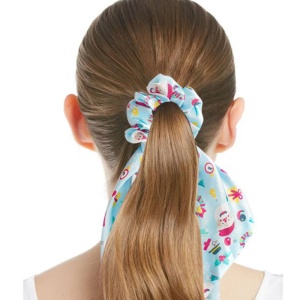 Elastic de par, model de sarbatoare cu prelungire tip ponytail, imprimeu vesel cu tematica de Craciun, albastru deschis - Img 2